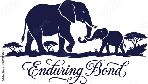 Elephant family bond illustration with savannah landscape