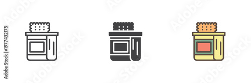 Biscuits package icon set showing cookie pack in line, filled outline and solid styles. Color vector icon sign symbol for snack. Biscuits icon for tea food.