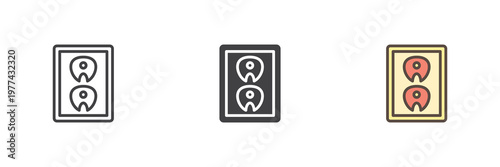 Tuna fillet pack icon set showing fish meat in line, filled outline and solid styles. Color vector icon sign symbol for seafood. Tuna icon for grocery fish.