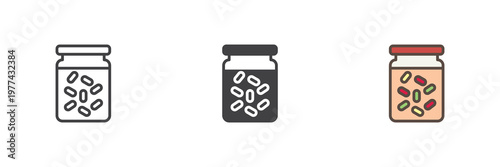 Canned food jar icon set with preserved goods in line, filled outline and solid styles. Color vector icon sign symbol for pantry. Canned icon for grocery.