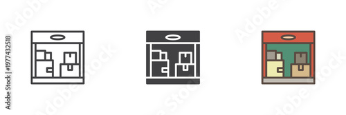 Warehouse storage icon set with logistics building in line, filled outline and solid styles. Color vector icon sign symbol for storage. Warehouse icon for supply.