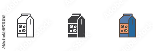 Cereals package icon set showing breakfast box in line, filled outline and solid styles. Color vector icon sign symbol for food. Cereals icon for grocery breakfast.