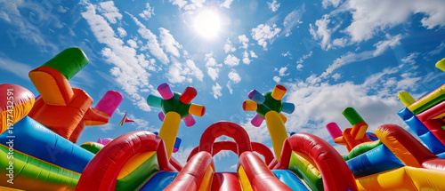 A vast, expansive inflatable playground landscape filled with an array of colorful, larger-than-life structures and shapes against a bright, sunny sky.