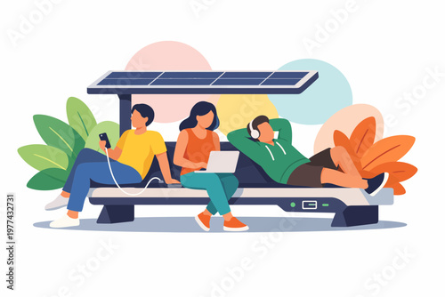 People using solar powered smart bench in urban environment