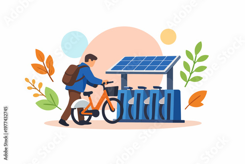 Man Using Solar Powered Bike Sharing Station for Green Urban Travel