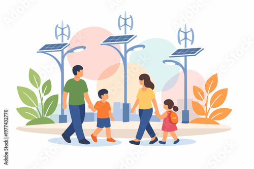 Family walking in sustainable city with solar and wind streetlights