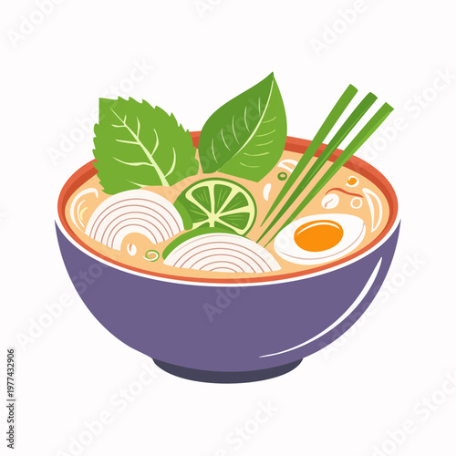 Delicious Noodle Soup in Simple Flat Doodle Style with Bowl, Chopsticks, and Fresh Herbs