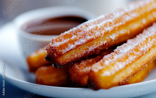 Crispy churros dusted with sugar and served with a rich chocolate dipping sauce