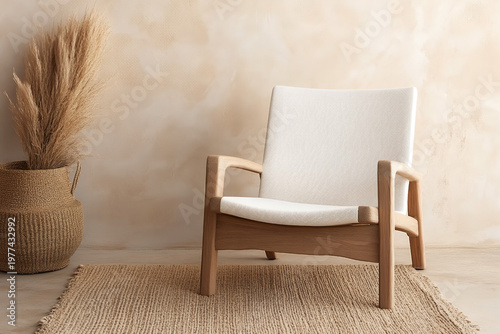 A light-colored armchair with a white cushion sits on a beige rug in front of a textured wall