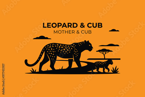 Leopard mother and cub walking together in savannah landscape