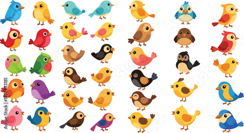 Cute bird cartoon collection vector illustration with colorful small birds, different poses and species, adorable animal characters set for kids design and nature themes