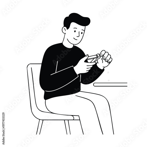 Young Man Sitting and Holding a Small Object.