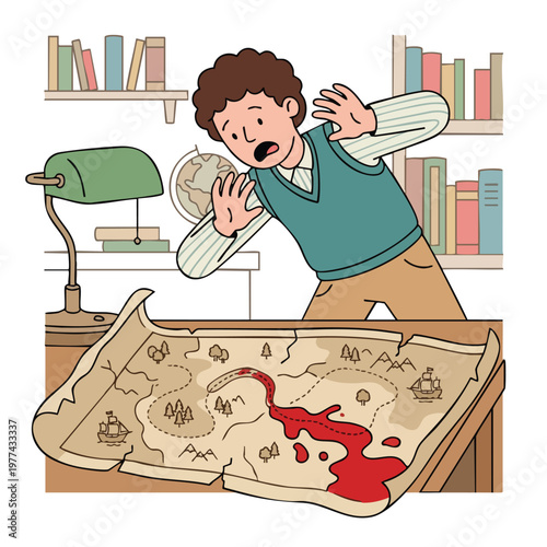 Young Man Reacts With Fear To Bloody Treasure Map.