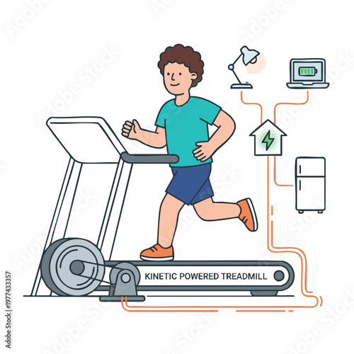 Young man running on a kinetic powered treadmill generating electricity.