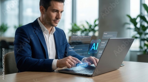 Highlighting technology innovation and smart automation, a businessman types on a laptop, employing an AI interface with a generate button for prompt generation.
