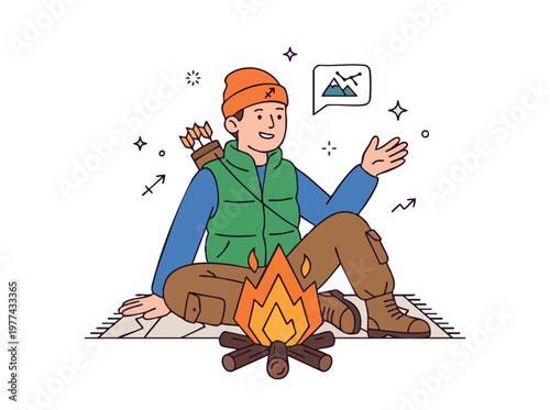 Young man sitting by campfire with bow and arrows.