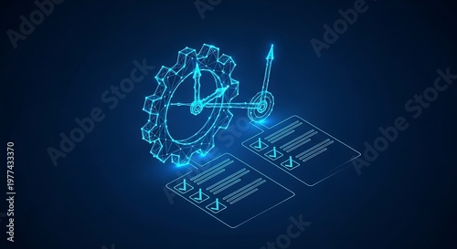 Abstract graphic depicts time management with gears, clock hands, and documents in blue