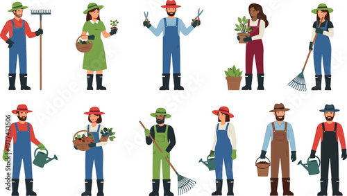 Gardener Characters Collection with Farmers Holding Plants Tools and Watering Cans for Gardening Agriculture Lifestyle and Outdoor Work Illustration Design