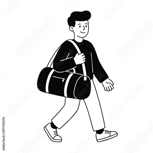 Young Man Walking With A Duffle Bag.