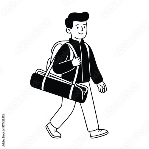 Young man walking with backpack and duffel bag.