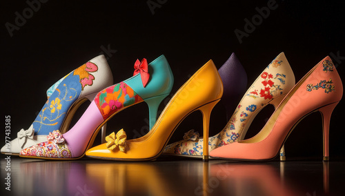Five stylish high-heeled shoes in vibrant colors and floral patterns, arranged for display