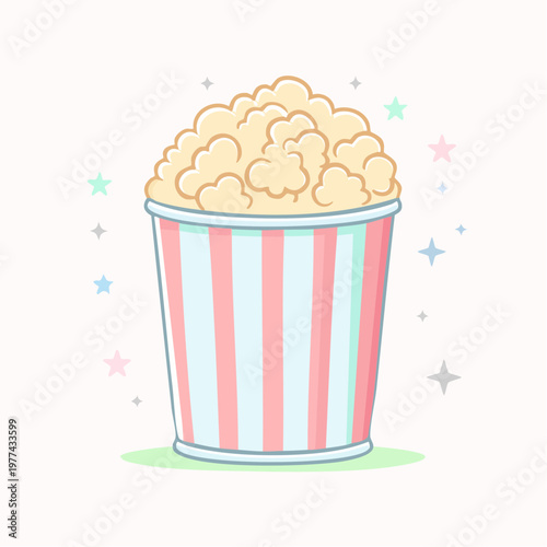 Cute Popcorn Bucket Illustration in Flat Pastel Doodle Style for Snack, Cinema, and Entertainment Design
