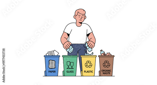 Man sorting recyclable materials into color coded waste bins for paper glass plastic and non recyclable trash