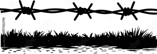 Black silhouette of barbed wire above grassy ground with water reflections fence