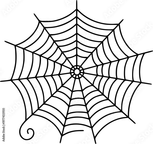Black spooky spider web with swirl detail white background, spiderweb