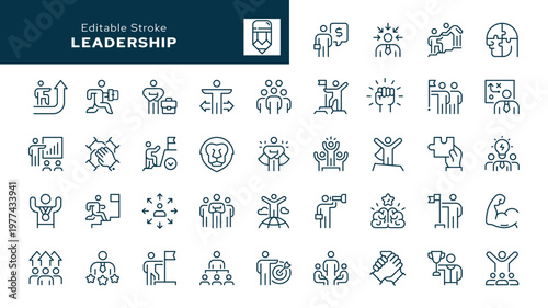 Leadership. Set of outline icons. Leader, responsibility, delegation, lead, influence, authority, influential person, team leader and more. Line icon in linear style. Vector collection	