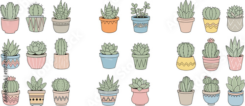 Cute cactus and succulent plants in decorative pots collection hand drawn style vector illustration set of indoor houseplants isolated on light background