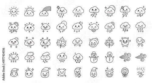 A digital illustration shows various cute cartoon weather icons with different facial expressions and emotions on a white background.