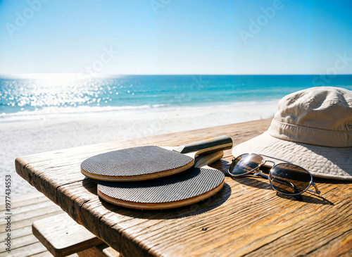 two ping pong paddles on the table next to a pair of stylish sunglasses and a casual sun hat on beach