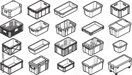 A meticulously curated collection of various industrial storage containers arranged for clear visual presentation.