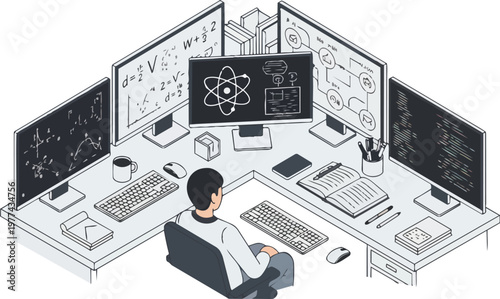 Isometric Illustration of a Scientist or Software Developer at a High-Tech Workstation with Multiple Monitors Showing Code and Physics Formulas
