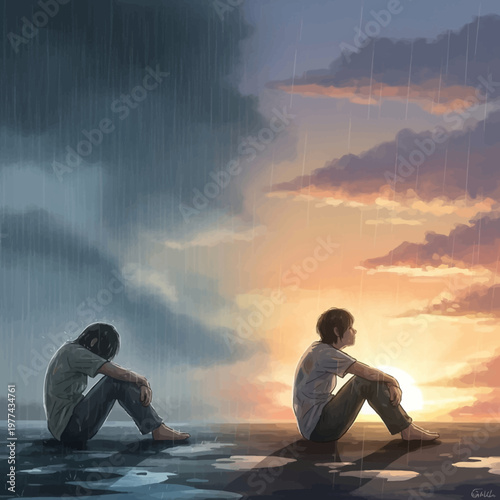 Two people sitting in contrasting environments.