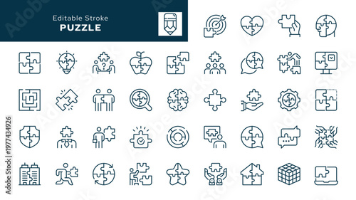 Puzzle. Set of outline icons. Logic, team, teamwork, intellectual game, communication, problem solving, brainstorm, solution, labyrinth and more. Line icon in linear style. Vector collection	
