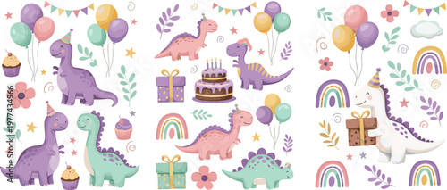 Cute dinosaur birthday party collection with balloons cake gifts and rainbow cartoon vector illustration set for kids celebration design