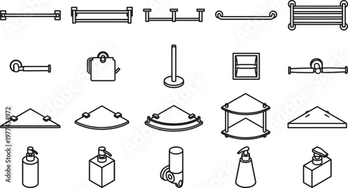 Collection of elegant bathroom accessories, showcasing a range of stylish fixtures in a clean, modern aesthetic.