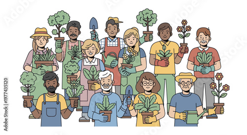 Diverse group of people gardening together holding plants and flowers community environmental conservation