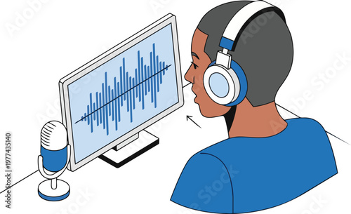 Isometric Illustration of a Man Recording a Podcast and Editing Audio with Professional Headphones and a Microphone