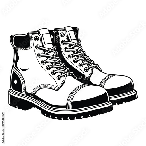 Pair of sturdy illustrated leather work boots in vintage style.