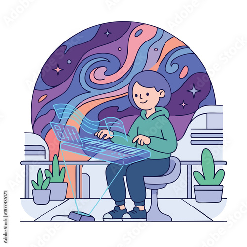 Young person creating music with futuristic holographic keyboard.