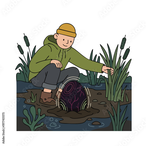 Young Person Discovering Mysterious Object in Swamp.
