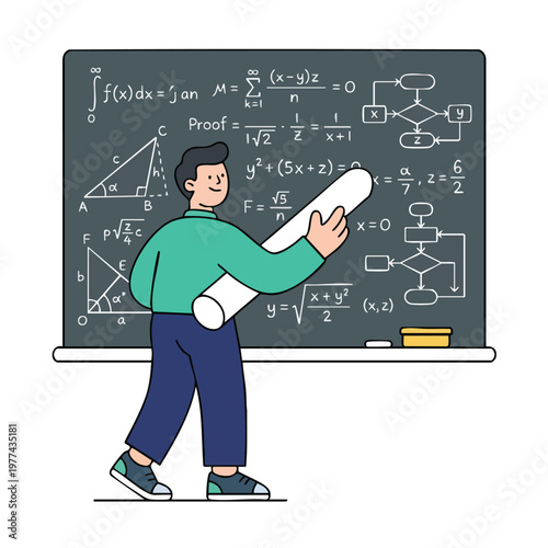 Young man writing mathematical formulas on a blackboard.