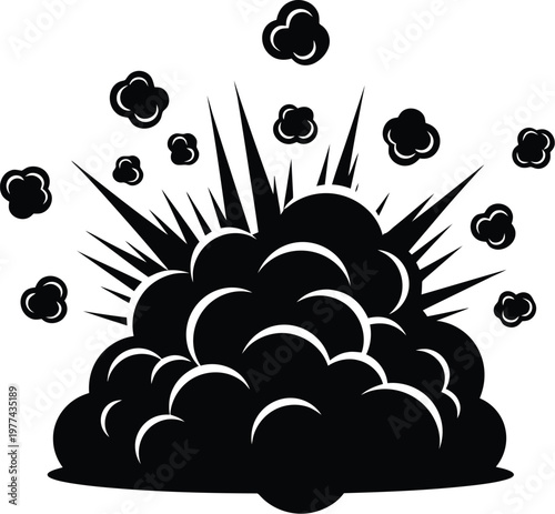 Explosion of smoke and debris black silhouette, abstract impact.