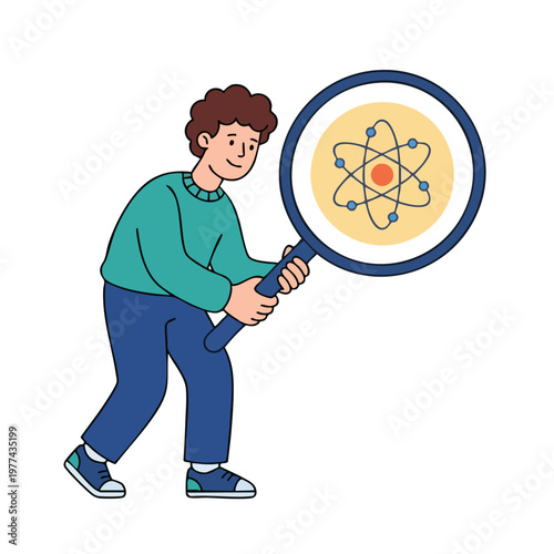 Young Person Examining Atomic Structure with Magnifying Glass.