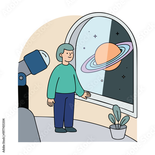 Young person observing Saturn through a large window.