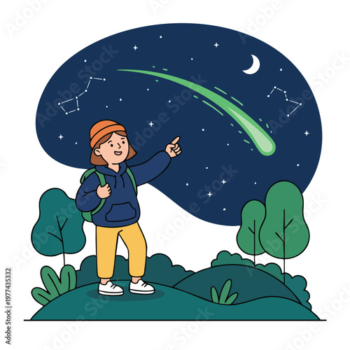 Young person pointing at a shooting star in the night sky.