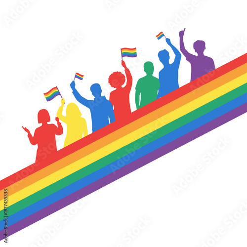 people group celebrating pride month holding rainbow flags illustration